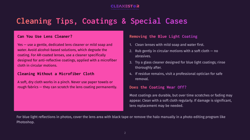 Cleanestor Logo With Text &Quot;Cleaning Tips, Coatings &Amp; Special Cases&Quot; And Sections On &Quot;Can You Use Lens Cleaner?&Quot;, &Quot;Cleaning Without A Microfiber Cloth&Quot;, And &Quot;Removing The Blue Light Coating&Quot;.