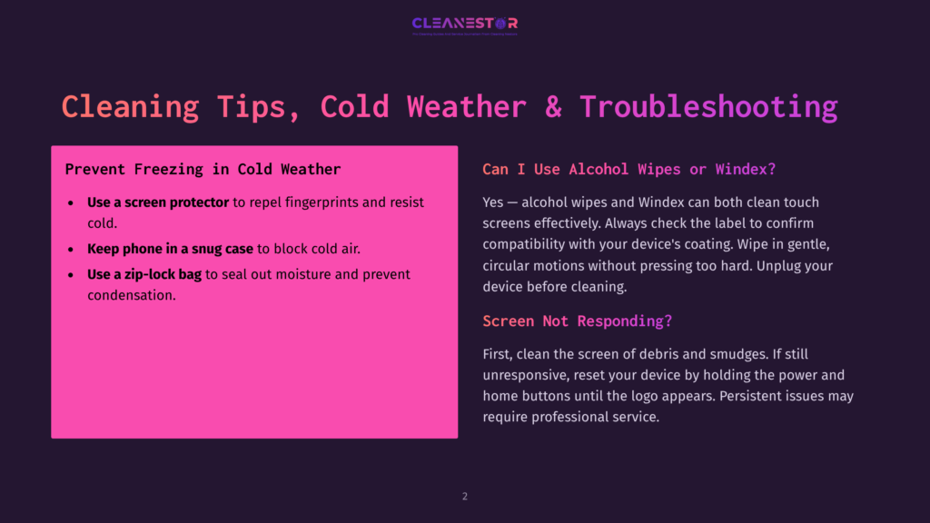 Cleanestor Logo And Text: &Quot;Cleaning Tips, Cold Weather &Amp; Troubleshooting,&Quot; With Sections On &Quot;Prevent Freezing In Cold Weather&Quot; And &Quot;Can I Use Alcohol Wipes Or Windex?&Quot; And &Quot;Screen Not Responding?