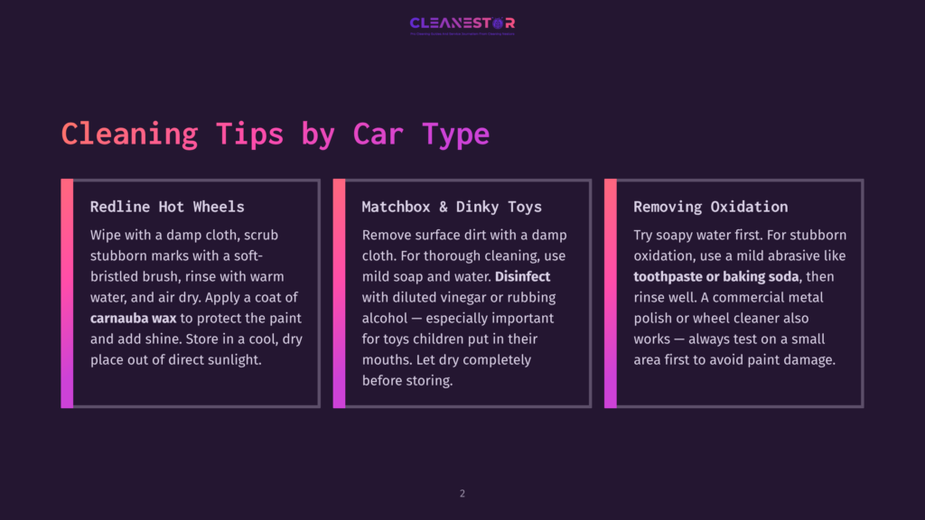 Cleaning Tips For Different Car Types: Redline Hot Wheels, Matchbox &Amp; Dinky Toys, And Removing Oxidation. The Graphic Features Text And Colored Sections.