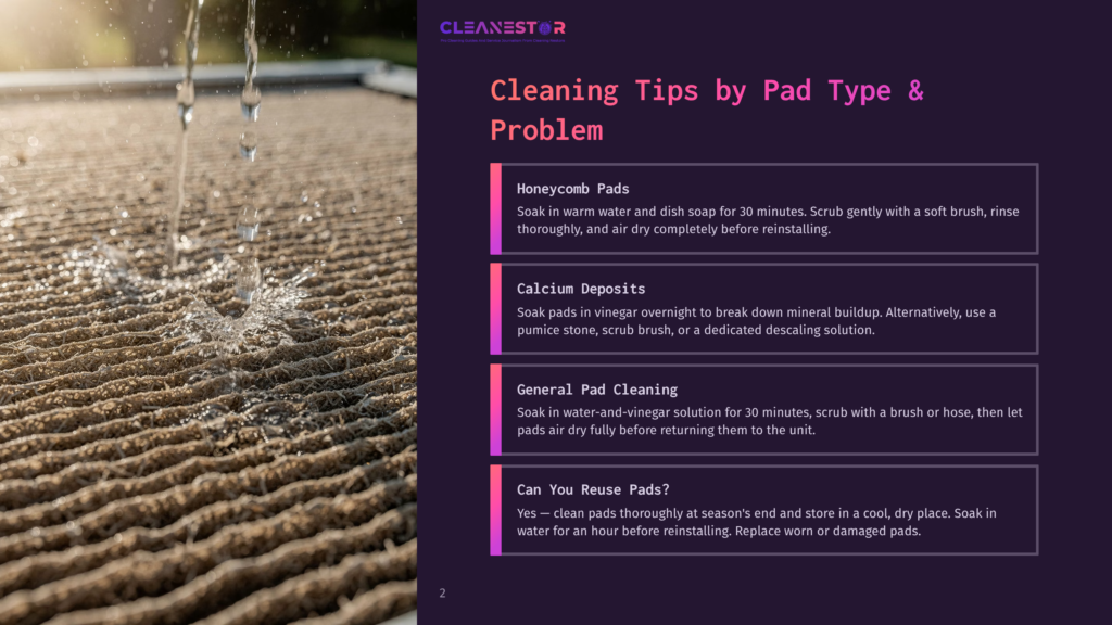 2 Cleaning Tips By Pad Type And Problem Cleanestor Cleaning Tips: Honeycomb And Calcium Deposits Pads, With Water Spraying On A Dirty Pad In The Foreground.