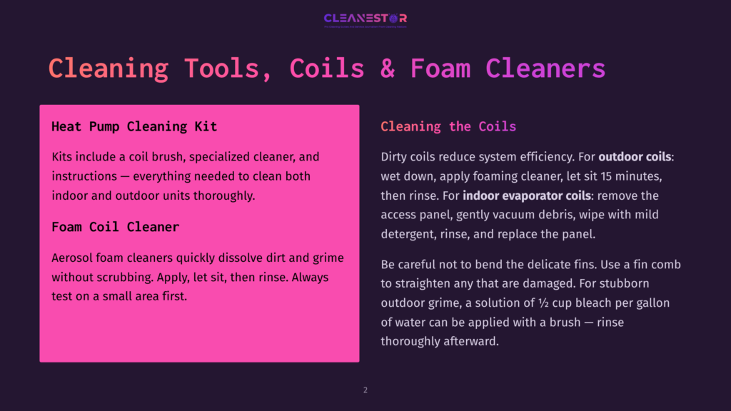 2 Cleaning Tools Coils And Foam Cleaners Cleanestor Logo With Text &Quot;Cleaning Tools, Coils &Amp; Foam Cleaners&Quot; And Sections On &Quot;Heat Pump Cleaning Kit&Quot; And &Quot;Foam Coil Cleaner&Quot;.
