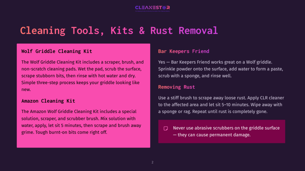 Cleaning Tools, Kits, And Rust Removal Guide. Features &Quot;Wolf Griddle Cleaning Kit&Quot; And &Quot;Amazon Cleaning Kit&Quot; Product Descriptions, And &Quot;Bar Keepers Friend&Quot; And &Quot;Removing Rust&Quot; Sections.