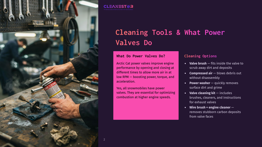 A Mechanic'S Hands Hold A Can Of &Quot;Crc Cleaner&Quot; While Working On An Engine, With Tools And Car Parts In The Background. The Text &Quot;Cleaning Tools &Amp; What Power Valves Do&Quot; Is Overlaid On A Pink Background.
