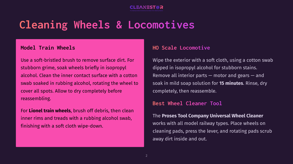 2 Cleaning Wheels And Locomotives Cleaning Wheels &Amp; Locomotives: Instructions For Cleaning Model Train Wheels With Isopropyl Alcohol And Soft Cloths, And Cleaning Locomotive Exteriors And Interiors With Mild Soap Solution.