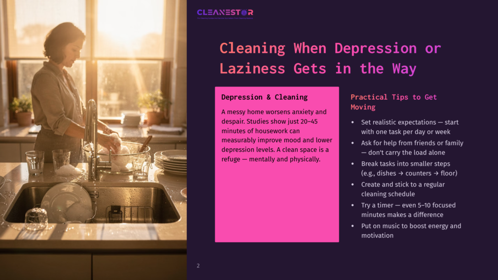 2 Cleaning When Depression Or Laziness Gets In The Way A Woman With Dark Hair Washes Dishes In A Sunlit Kitchen, With A Sink Full Of Plates And A Wooden Counter. The Text &Quot;Cleanestor&Quot; Is Visible.