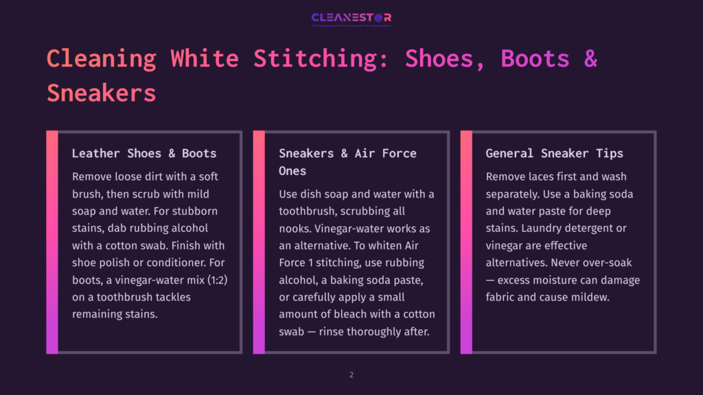 2 Cleaning White Stitching Shoes Boots And Sneakers Infographic Titled &Quot;Cleaning White Stitching: Shoes, Boots &Amp; Sneakers&Quot; With Three Columns: Leather Shoes &Amp; Boots, Sneakers &Amp; Air Force Ones, And General Sneaker Tips, Offering Cleaning Advice.