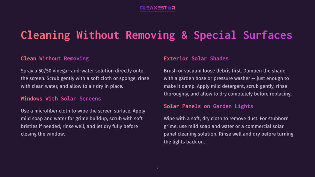 Infographic With Text: &Quot;Cleaning Without Removing &Amp; Special Surfaces.&Quot; Details Cleaning Methods For Exterior Solar Shades And Solar Panels On Garden Lights.