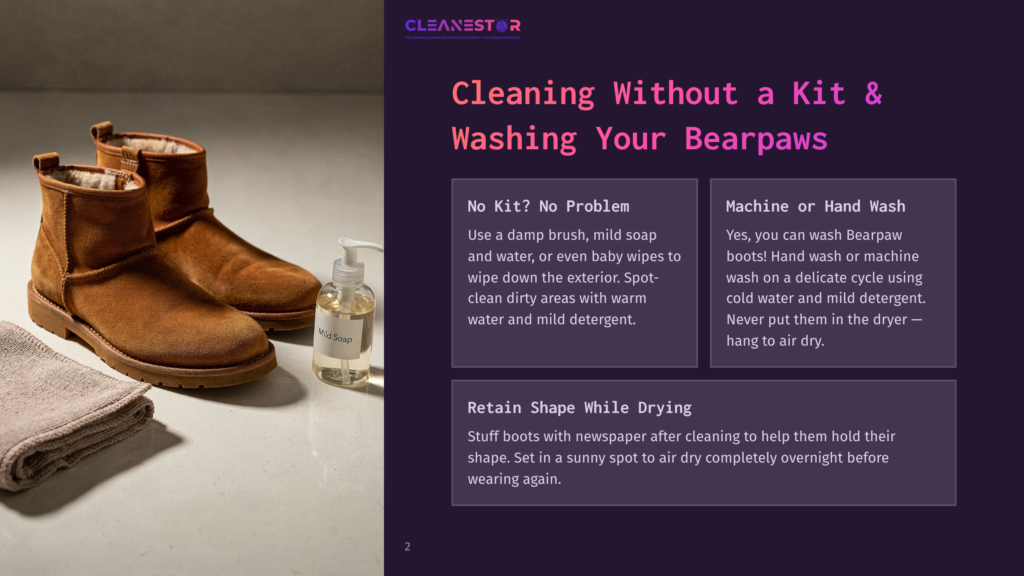 Brown Suede Ugg-Style Boots And A Beige Towel Sit Next To A Bottle Of Mild Soap, Ready For Cleaning. The Text &Quot;Cleanestor&Quot; Is Visible At The Top.