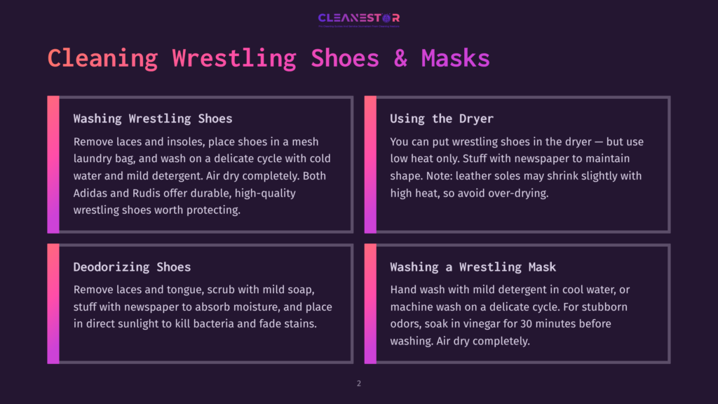 Infographic Titled &Quot;Cleaning Wrestling Shoes &Amp; Masks&Quot; With Four Sections: Washing Wrestling Shoes, Using The Dryer, Deodorizing Shoes, And Washing A Wrestling Mask, Providing Cleaning Instructions.