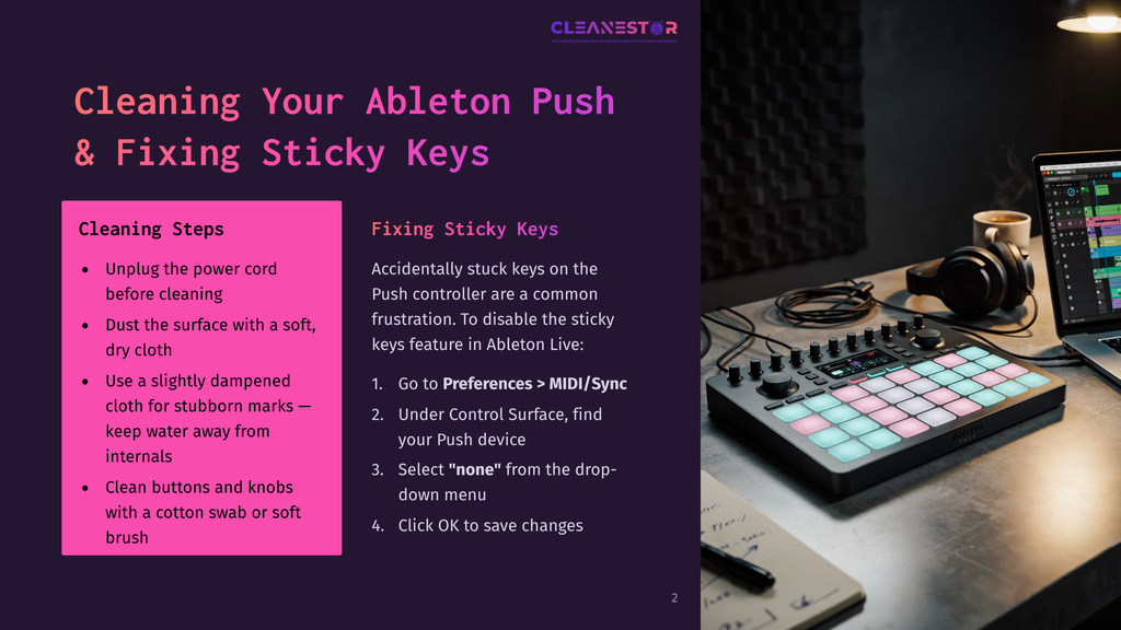 Ableton Push 2 Controller With Glowing Rgb Pads And Buttons Sits On A Desk Next To Headphones And A Laptop Displaying Ableton Live Software. Text Overlay Reads &Quot;Cleaning Your Ableton Push &Amp; Fixing Sticky Keys&Quot;.