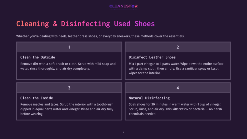 Infographic Titled &Quot;Cleaning &Amp; Disinfecting Used Shoes&Quot; With Four Steps: 1. Clean The Outside, 2. Disinfect Leather Shoes, 3. Clean The Inside, 4. Natural Disinfecting. Each Step Details Cleaning Methods.