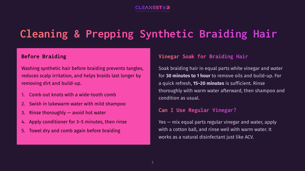 Cleanestor Logo At The Top Of A Dark Purple Slide With Text About Cleaning And Prepping Synthetic Braiding Hair. Left Side Details &Quot;Before Braiding&Quot; Steps. Right Side Details &Quot;Vinegar Soak For Braiding Hair&Quot; Instructions.