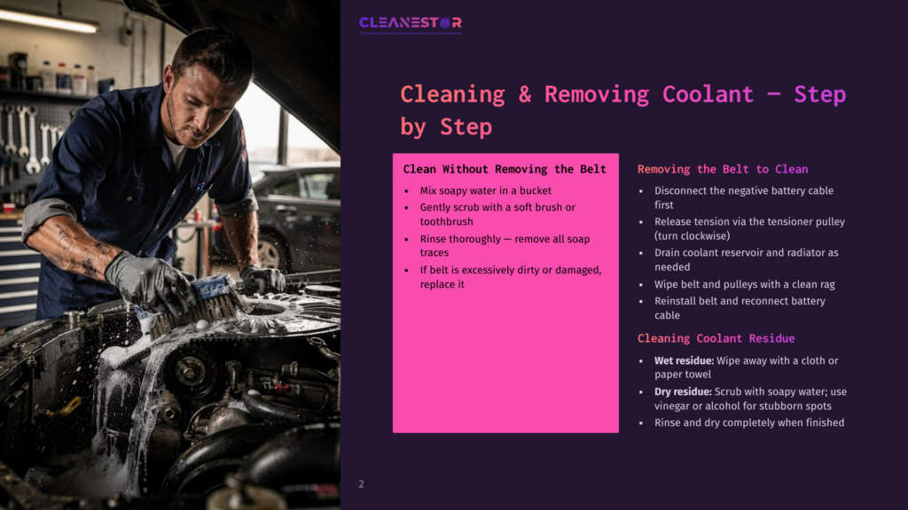A Mechanic Wearing Gloves And A Blue Shirt Cleans A Car Engine With A Brush And Soapy Water, Highlighting The &Quot;Cleaning &Amp; Removing Coolant - Step By Step&Quot; Process.