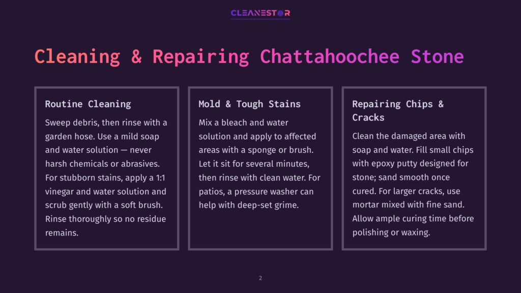 A Presentation Slide With Three Columns Detailing Cleaning And Repair For Chattanooga Stone. The Columns Are Titled &Quot;Routine Cleaning,&Quot; &Quot;Mold &Amp; Tough Stains,&Quot; And &Quot;Repairing Chips &Amp; Cracks,&Quot; With Bulleted Instructions Under Each.