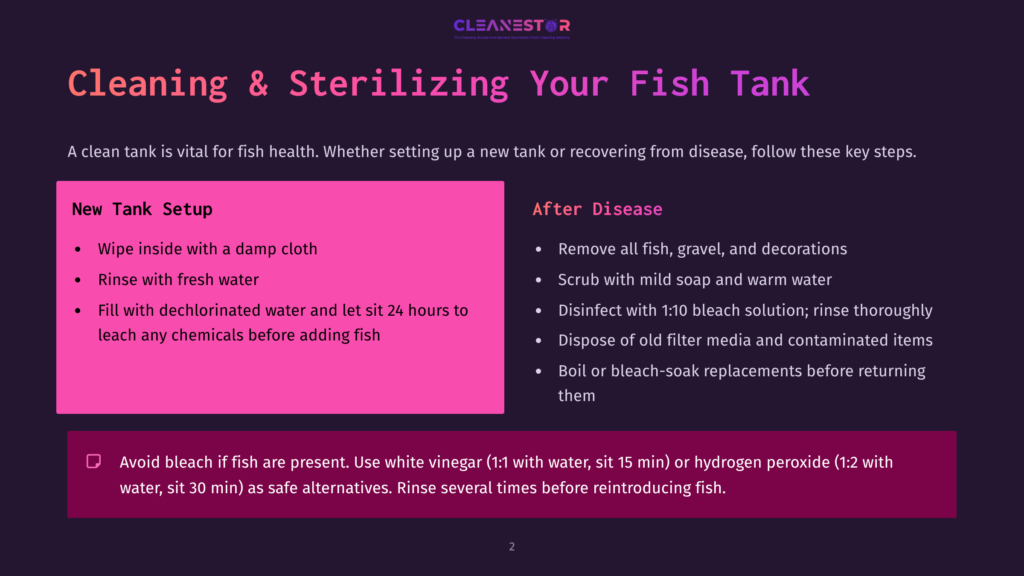 A Presentation Slide Titled &Quot;Cleaning &Amp; Sterilizing Your Fish Tank&Quot; With Two Columns: &Quot;New Tank Setup&Quot; And &Quot;After Disease.&Quot; The &Quot;New Tank Setup&Quot; Column Lists Steps Like Wiping With A Damp Cloth And Rinsing With Fresh Water. The &Quot;After Disease&Quot; Column Details Disinfecting With Bleach And Disposing Of Old Filter Media.