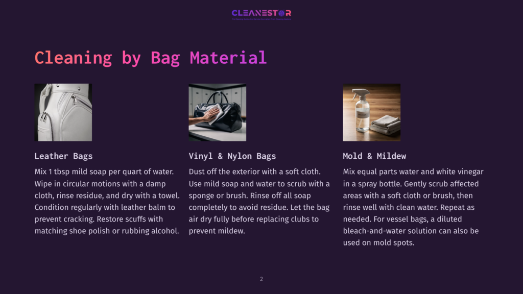 Three Sections Show How To Clean Different Types Of Bags: Leather Bags, Vinyl &Amp; Nylon Bags, And Mold &Amp; Mildew Spots. The Text Provides Cleaning Instructions For Each.