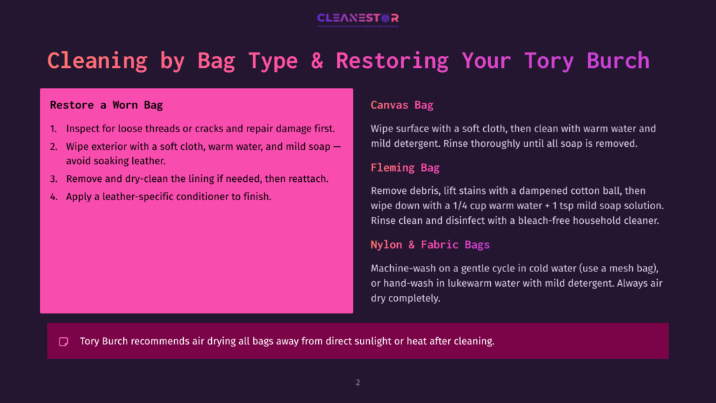 Tory Burch Bag Cleaning Guide: Restoring A Worn Bag, Cleaning Canvas, Fleming, Nylon, And Fabric Bags. Text Advises Cleaning With A Soft Cloth, Warm Water, And Mild Detergent, And Applying Leather Conditioner.