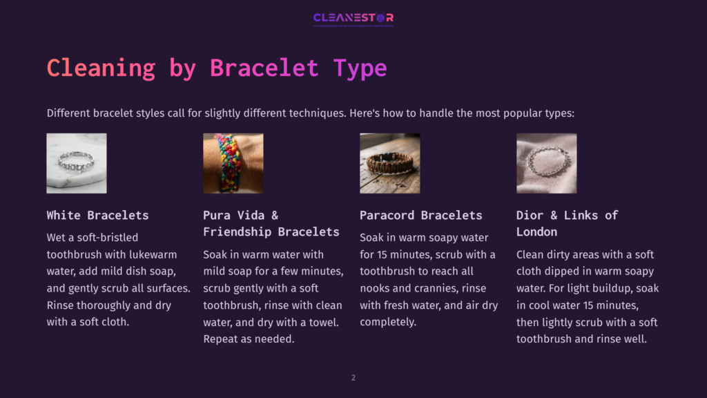 A Graphic Displaying Four Types Of Bracelets: White Bracelets, Pura Vida &Amp; Friendship Bracelets, Paracord Bracelets, And Dior &Amp; Links Of London. Each Bracelet Type Has A Corresponding Image And Cleaning Instructions.