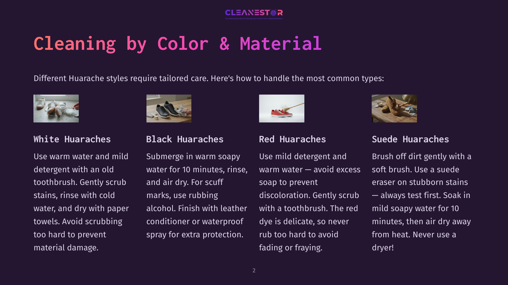 2 Cleaning By Color And Material Image Showcasing Four Types Of Huarache Cleaning: White Huaraches With Warm Water And Mild Detergent, Black Huaraches Submerged In Soapy Water, Red Huaraches With Mild Detergent, And Suede Huaraches Brushed With A Soft Brush.