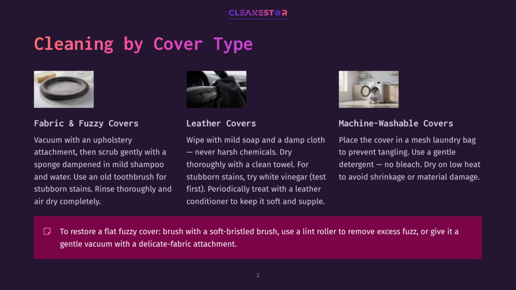 Three Types Of Car Seat Cover Cleaning: Fabric And Fuzzy Covers, Leather Covers, And Machine-Washable Covers. Includes Text About Cleaning Methods For Each Type.