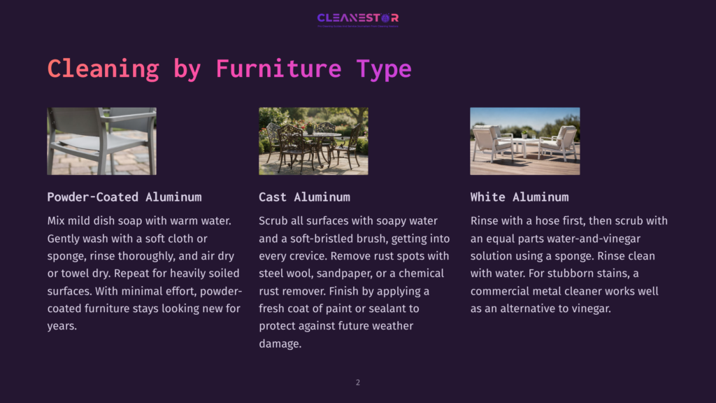 Three Types Of Outdoor Furniture Cleaning: Powder-Coated Aluminum, Cast Aluminum, And White Aluminum. Each Section Shows A Close-Up Of The Furniture And Cleaning Instructions.