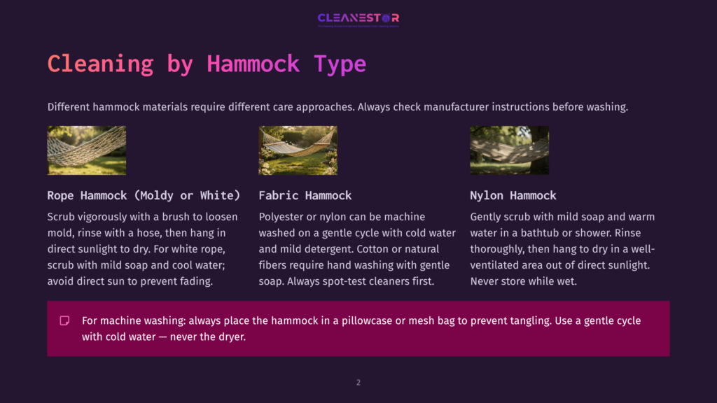 2 Cleaning By Hammock Type Three Hammocks: A Rope Hammock, A Fabric Hammock, And A Nylon Hammock, Displayed With Text On Cleaning Instructions For Each Type.