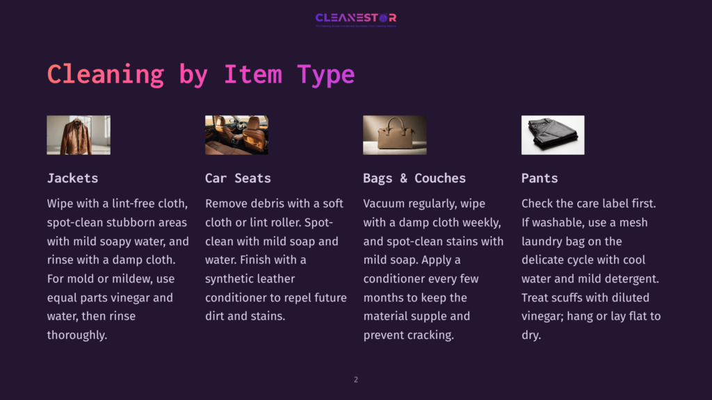 Cleanestor Logo Above A Graphic Detailing Cleaning Tips For Jackets, Car Seats, Bags &Amp; Couches, And Pants, With Corresponding Images For Each Item.