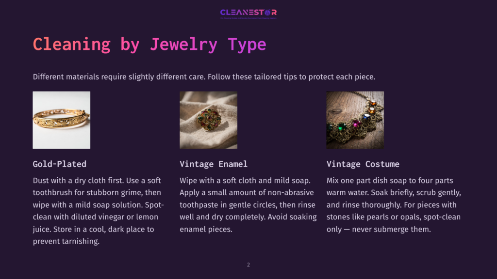 2 Cleaning By Jewelry Type Close-Up Of A Gold-Plated Bracelet With Intricate Detailing, A Vintage Enamel Ring With Colorful Stones, And A Vintage Costume Necklace With Green And Red Jewels, Showcasing Different Jewelry Cleaning Tips.