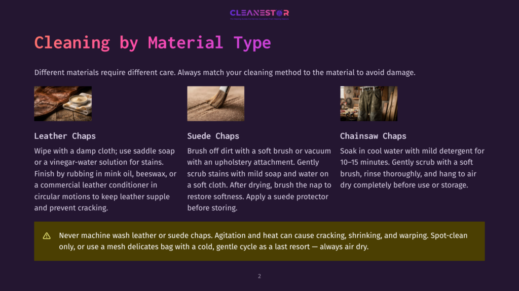 Three Distinct Cleaning Guides: Leather Chaps, Suede Chaps, And Chainsaw Chaps, With Accompanying Cleaning Instructions And A Warning About Machine Washing.