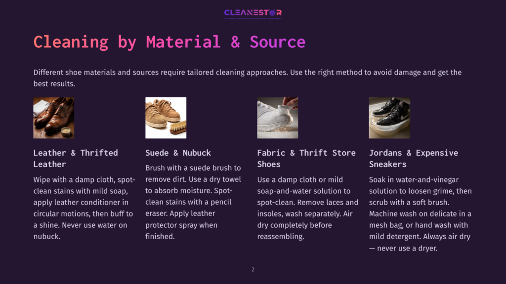 Four Pairs Of Shoes Are Displayed: Polished Leather Dress Shoes, Suede Boots, White Fabric Sneakers, And Black Leather Jordans, Each Representing A Different Cleaning Method.