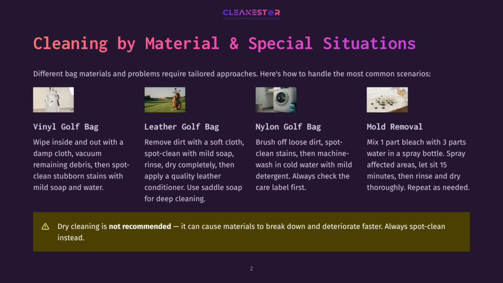 Infographic Showing Cleaning Tips For Different Bag Materials: Vinyl Golf Bag, Leather Golf Bag, Nylon Golf Bag, And Mold Removal. Includes A Warning About Dry Cleaning.