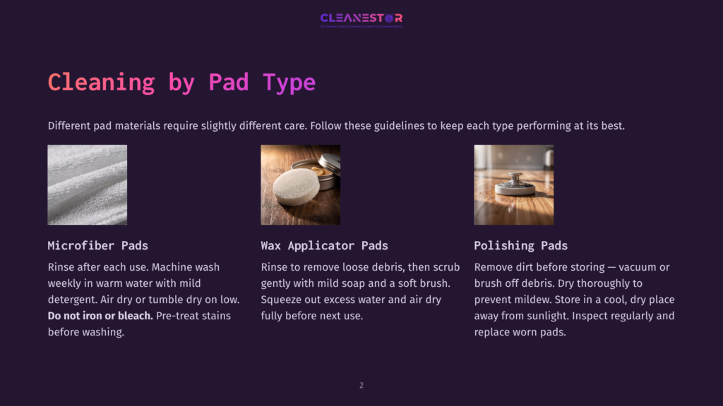 2 Cleaning By Pad Type 2 Three Cleaning Pads: A Fluffy Microfiber Cloth, A Beige Applicator Pad With A Metal Tin, And A Polishing Pad On A Wooden Surface.