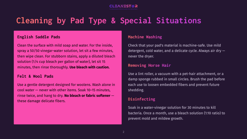 A Dark Purple Slide Displays Cleaning Tips For Saddle Pads And Felt &Amp; Wool Pads, With Sections On Machine Washing And Disinfecting.