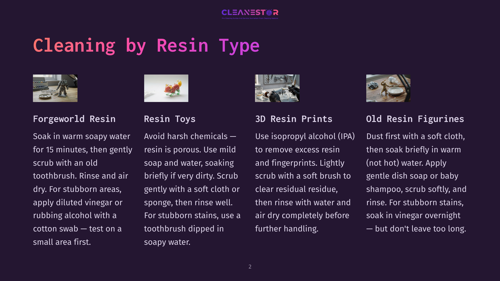2 Cleaning By Resin Type Four Images Showing How To Clean Resin Items: A Resin Miniature, Resin Toys, 3D Resin Prints, And Old Resin Figurines, With Text Instructions For Each Cleaning Method.