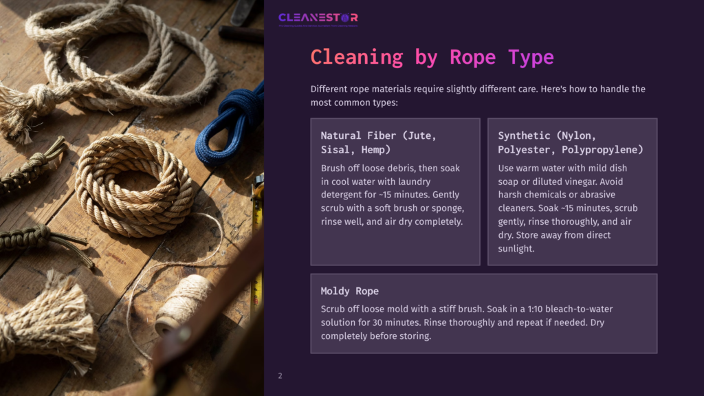 Close-Up Of Various Ropes On A Wooden Surface, Including A Thick Coiled Rope And A Braided Rope. Text Overlay Reads &Quot;Cleanestor&Quot; And &Quot;Cleaning By Rope Type&Quot;.