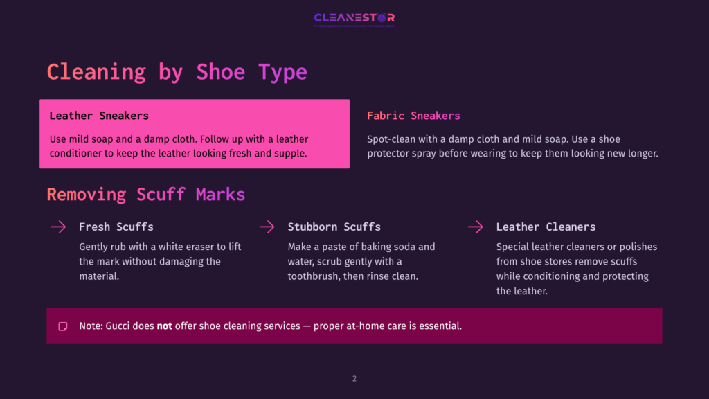 2 Cleaning By Shoe Type 1 Diagram Outlining How To Clean Leather Sneakers And Fabric Sneakers, Including Tips For Removing Scuffs With Methods For Fresh Scuffs, Stubborn Scuffs, And Leather Cleaners. Text Highlights That Gucci Does Not Offer Shoe Cleaning Services.