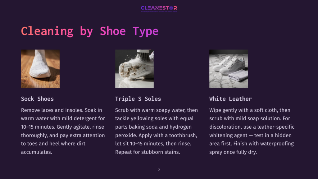 2 Cleaning By Shoe Type 2 Three Images Showing How To Clean Shoes: Sock Shoes Being Cleaned In Soapy Water, Triple S Soles Being Scrubbed, And White Leather Shoes Being Wiped With A Cloth.