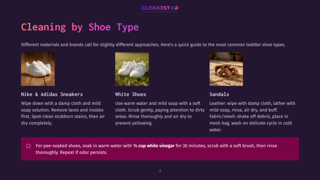 Three Types Of Toddler Shoes: White Nike Sneakers, White Canvas Shoes, And Brown Leather Sandals, Displayed With Cleaning Instructions For Each.