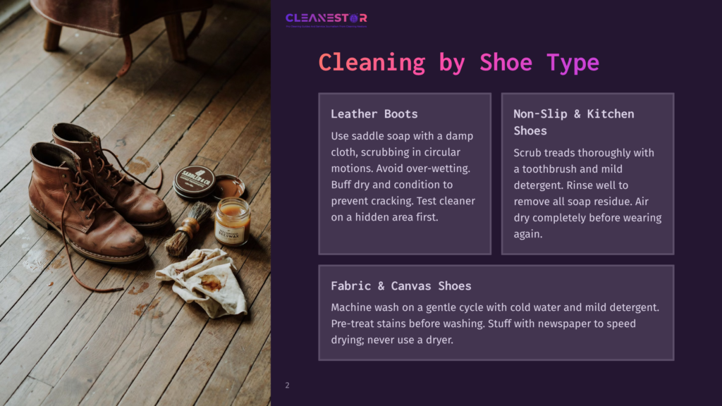 2 Cleaning By Shoe Type 5 A Pair Of Brown Leather Boots Rests On A Wooden Floor Next To Cleaning Supplies Including Saddle Soap, A Brush, And A Cloth. The Image Is Part Of A &Quot;Cleanestor&Quot; Presentation On Cleaning Leather Boots.