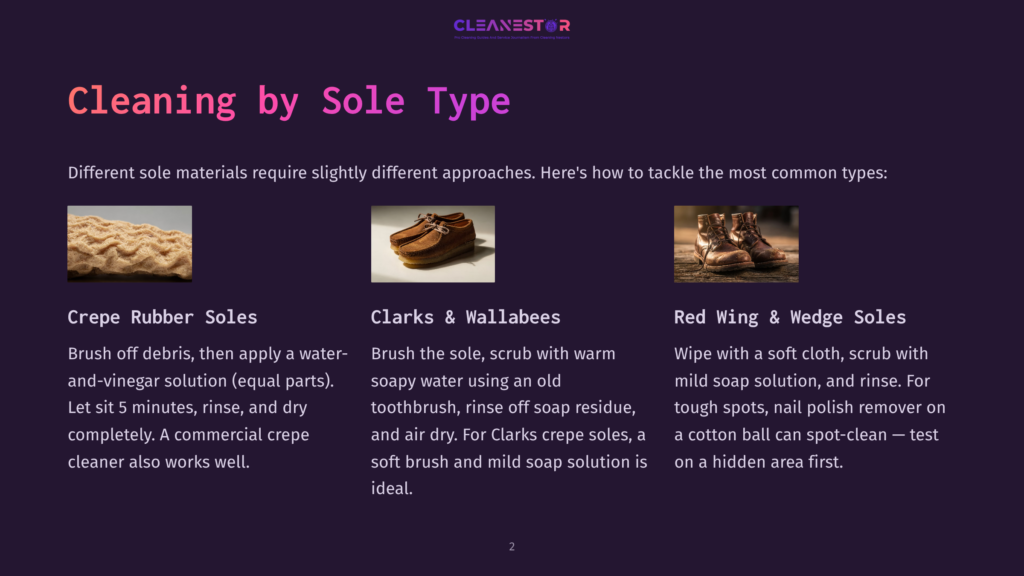 Three Images Showcase Shoe Cleaning Tips: Crepe Rubber Soles, Clarks Wallabees, And Red Wing Boots, With Text Detailing Cleaning Methods For Each Sole Type.