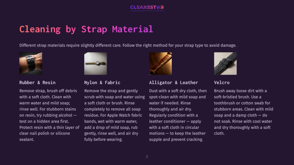 Four Watch Strap Materials: Rubber, Nylon, Alligator Leather, And Velcro, With Text Detailing Cleaning Instructions For Each.