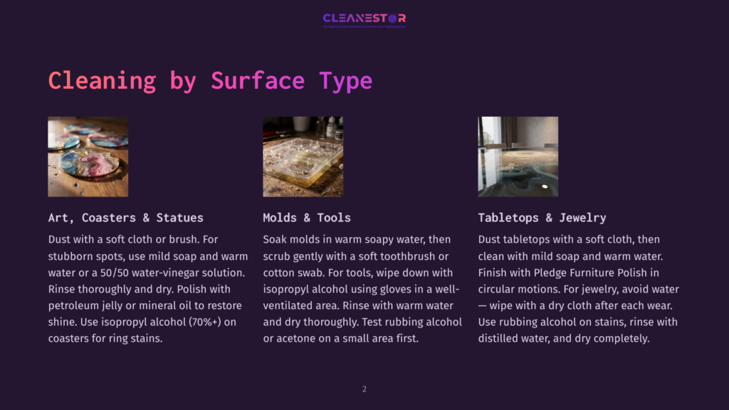 Three Panels Showing Cleaning Tips: Art And Coasters, Molds And Tools, And Tabletops And Jewelry, With Instructions On How To Clean Each Surface.