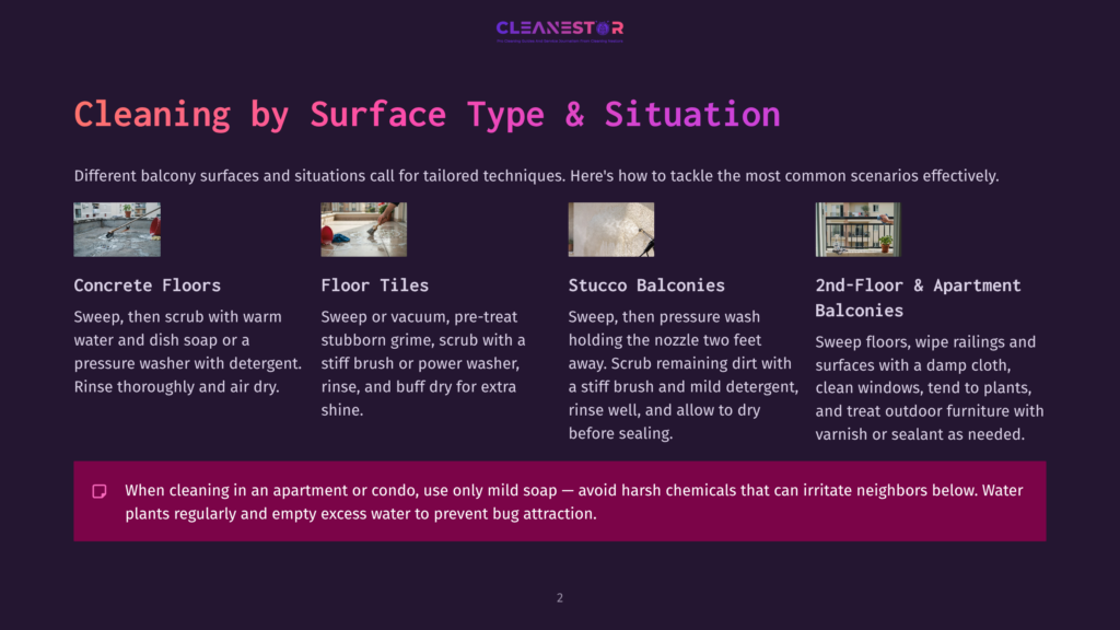 Image Displaying Four Types Of Balcony Cleaning: Concrete Floors, Floor Tiles, Stucco Balconies, And 2Nd-Floor Apartment Balconies, With Instructions For Each.