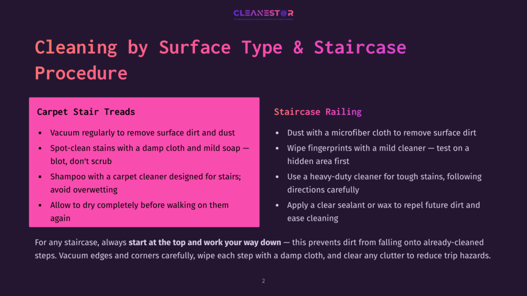 A Dark Purple Slide Titled &Quot;Cleaning By Surface Type &Amp; Staircase Procedure&Quot; With Sections On &Quot;Carpet Stair Treads&Quot; And &Quot;Staircase Railing&Quot; Cleaning Tips.
