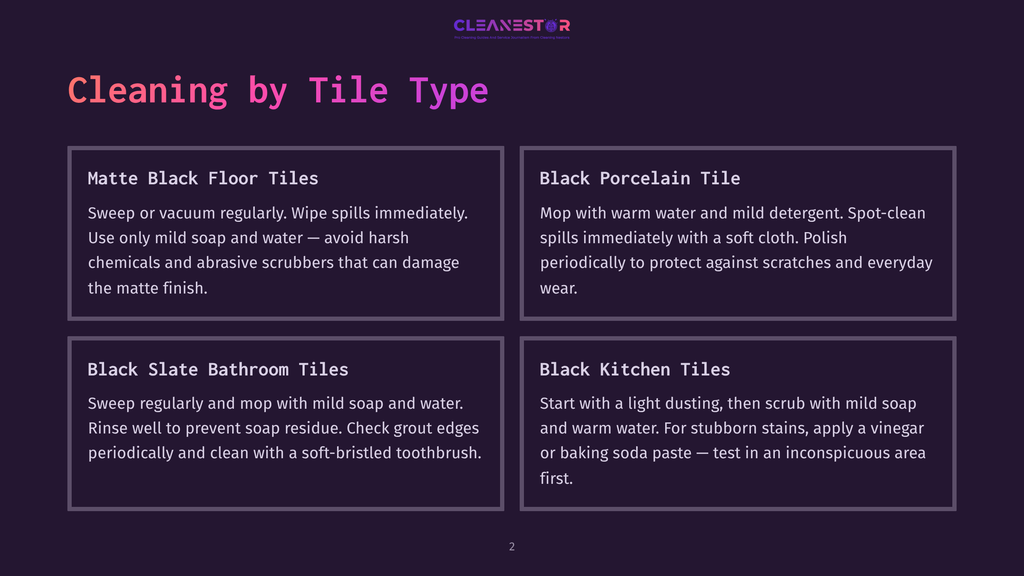 2 Cleaning By Tile Type A Graphic Displaying Cleaning Tips For Different Tile Types: Matte Black Floor Tiles, Black Porcelain Tile, Black Slate Bathroom Tiles, And Black Kitchen Tiles, With Cleaning Instructions For Each.