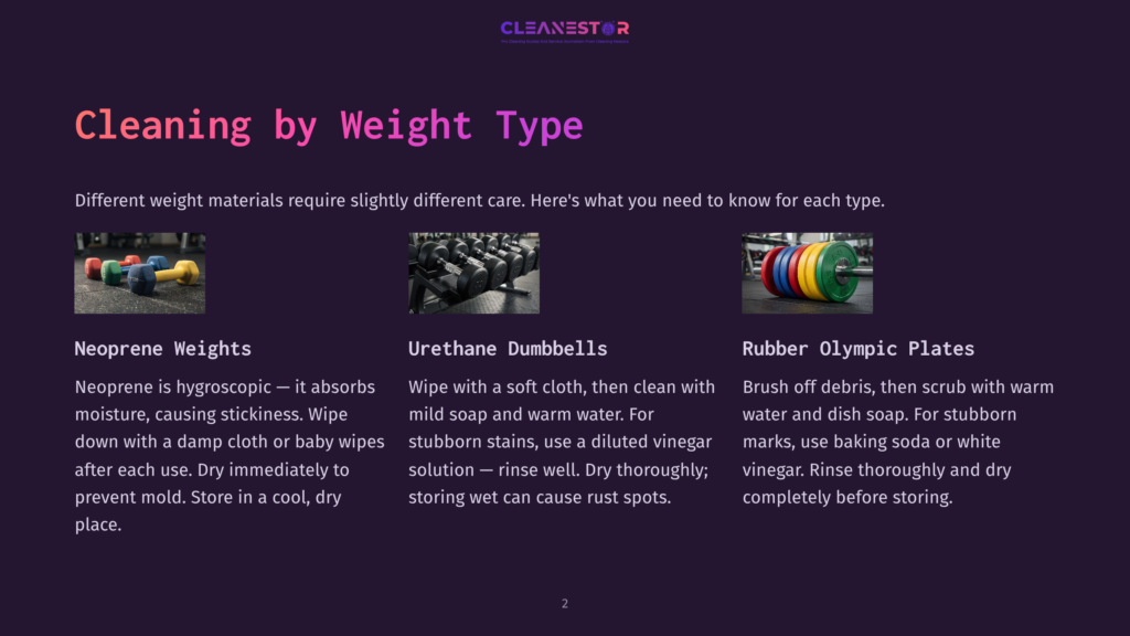 2 Cleaning By Weight Type Three Types Of Weight Cleaning: Neoprene Weights, Urethane Dumbbells, And Rubber Olympic Plates. Cleaning By Weight Type Guide.