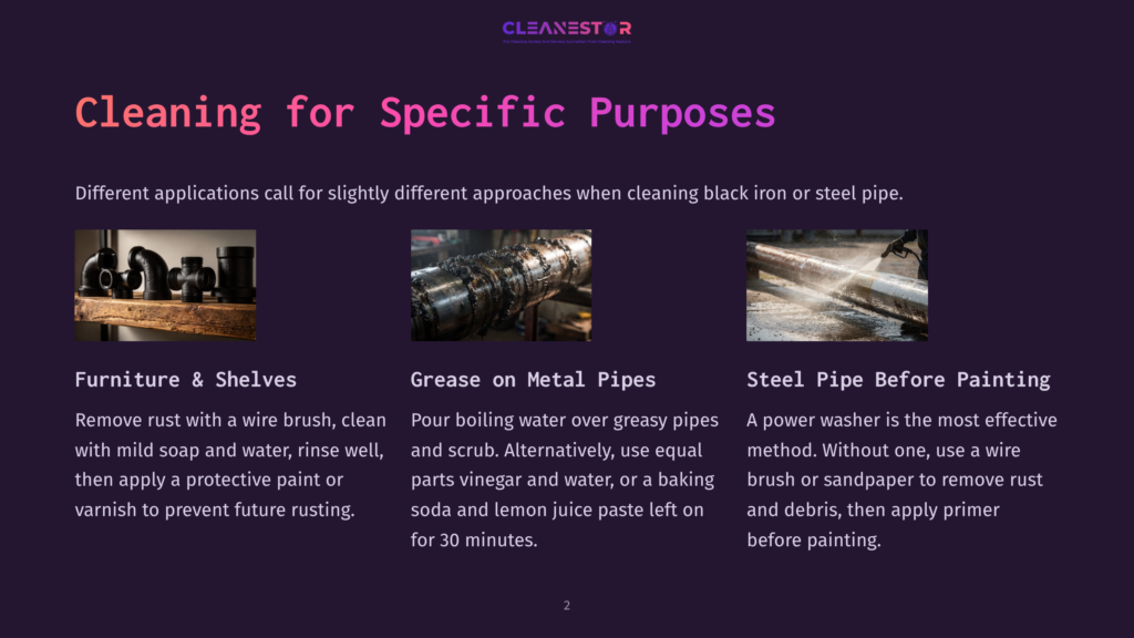 Three Images Show Cleaning Methods For Different Pipe Types: Antique Black Iron Pipes On A Shelf, Rusted Steel Pipe Being Cleaned With A Power Washer, And A Heavily Greased Metal Pipe Being Cleaned With A Scrub Brush.