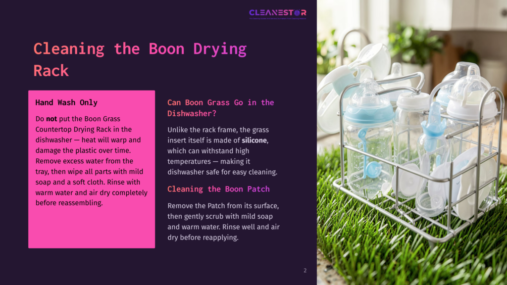 A Boon Drying Rack With Baby Bottles, Nipples, And Pacifiers Is Displayed On A Bed Of Artificial Green Grass, Suggesting A Method For Cleaning Baby Feeding Accessories.