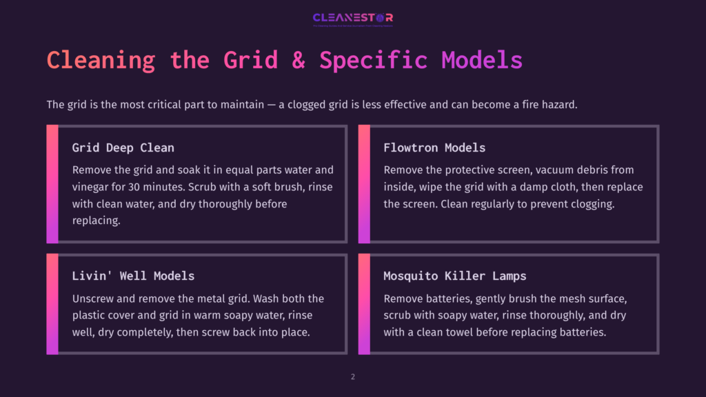 2 Cleaning The Grid And Specific Models Infographic Titled &Quot;Cleaning The Grid &Amp; Specific Models&Quot; With Sections For Grid Deep Clean, Flowtron Models, Livin' Well Models, And Mosquito Killer Lamps, Providing Cleaning Instructions.