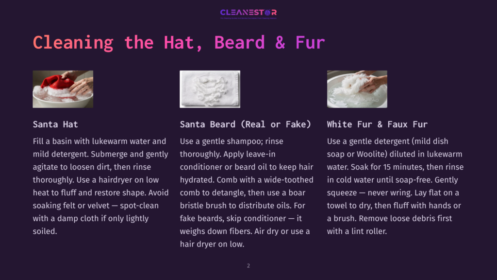 2 Cleaning The Hat Beard And Fur Three Images Showing How To Clean A Santa Hat, A Santa Beard, And Faux Fur. The First Image Shows A Red Santa Hat Being Washed In A Sink. The Second Image Shows A Neatly Folded White Towel, Possibly Representing A Beard. The Third Image Shows A Fluffy White Faux Fur Material.